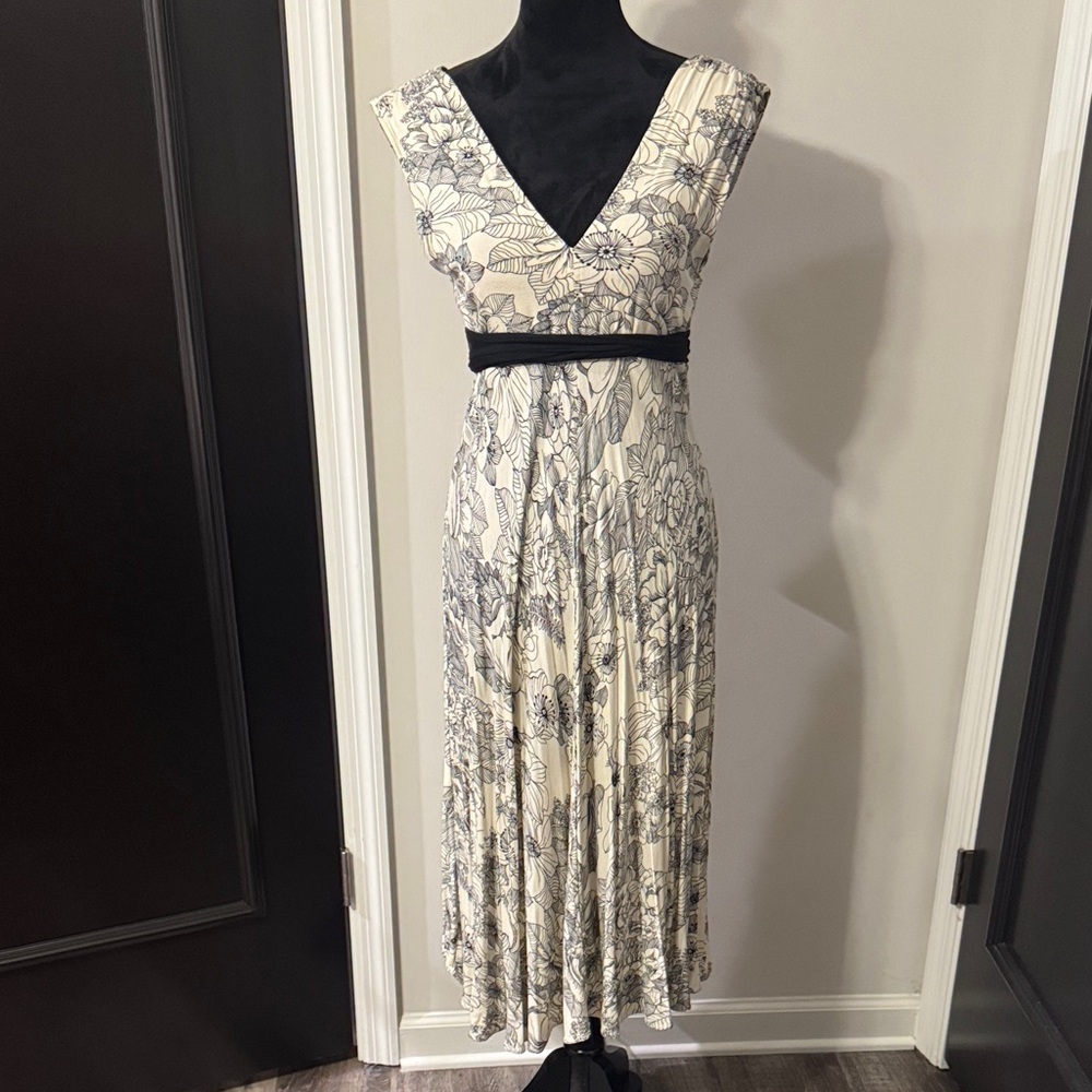 Theory Cream Midi Dress with Black Floral Print